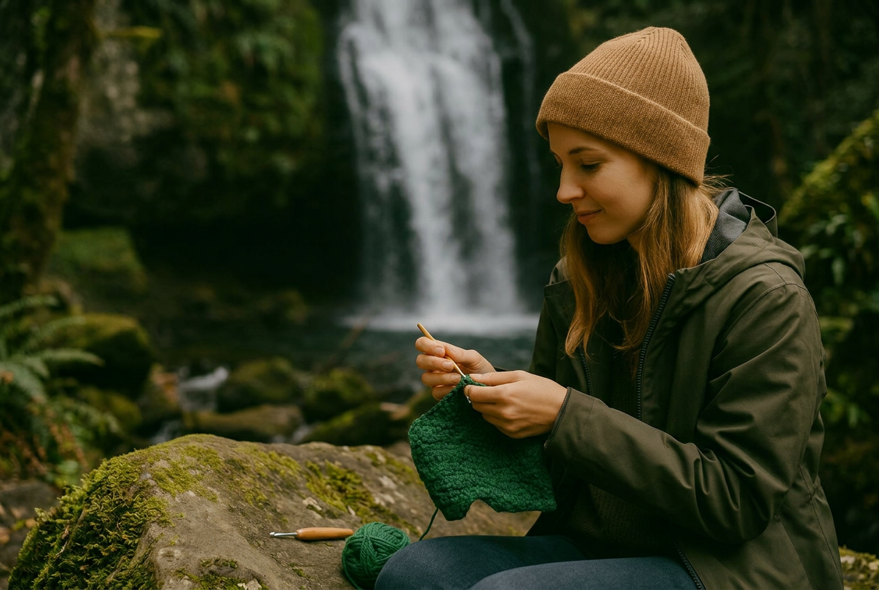 Crocheting beside a waterfall in the forest